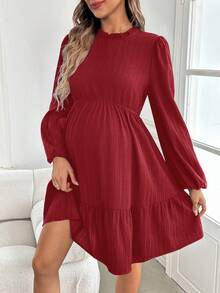 SHEIN 孕妇优雅绿色长裙，灯笼袖，高开衩下摆，修身连衣裙 - 酒紅色 - 查看 3