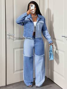 BamGleam Quần jeans denim ống rộng dáng rộng, thường ngày, có túi, viền tua rua dành cho nữ - Rửa nhẹ - Xem 3