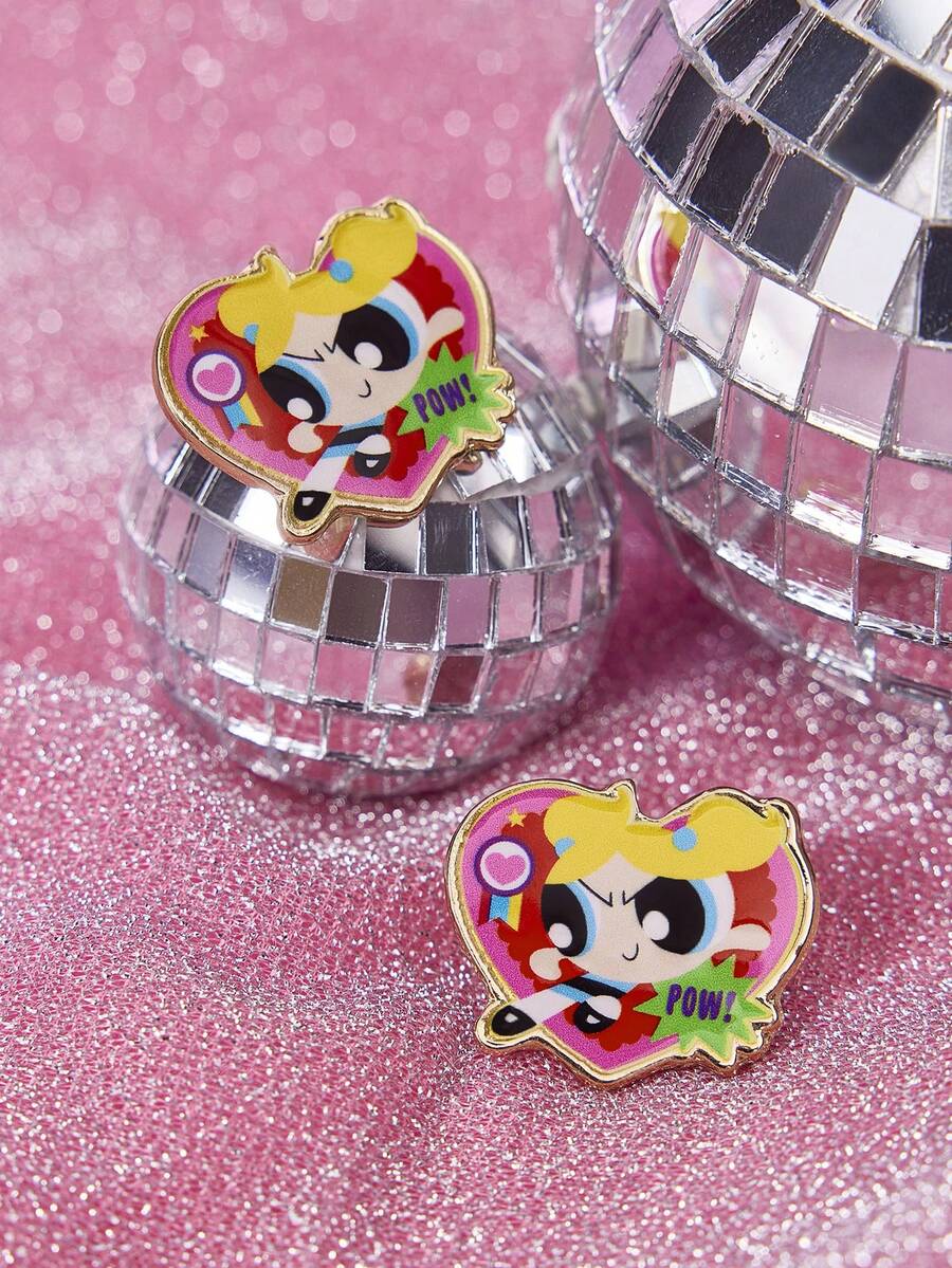 THE POWERPUFF GIRLS X SHEIN 1 Cặp bông tai họa tiết hoạt hình thời trang dễ thương, sang trọng, thích hợp cho nhiều bữa tiệc, buổi hòa nhạc/lễ hội - Vàng - Xem 1