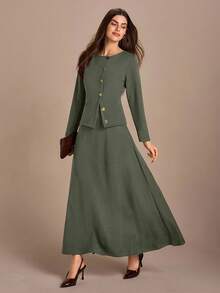 CLARA VERO Women, Autumnn, Long Sleeve, Two Set, Top, Skirt, Split, - Army Green - View 4