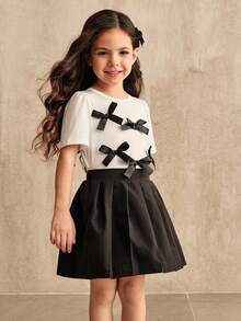 SHEIN Girls Elegant Solid All-Match Versatile 3D Bow Ruffle Short Sleeve Cropped Knit T-Shirt + Fitted Flare Pants Knit Set - Black - View 3