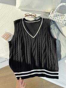 SHEIN EZwear 秋冬加条纹麻花针织毛衣背心（不含衬衫）