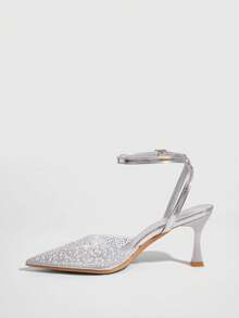 CUCCOO SZL Giày cao gót mũi nhọn quai trong suốt cho nữ, màu bạc đính pha lê và ngọc trai, giày dự tiệc gợi cảm có quai mắt cá chân và thiết kế hở lưng - Bạc - Xem 9