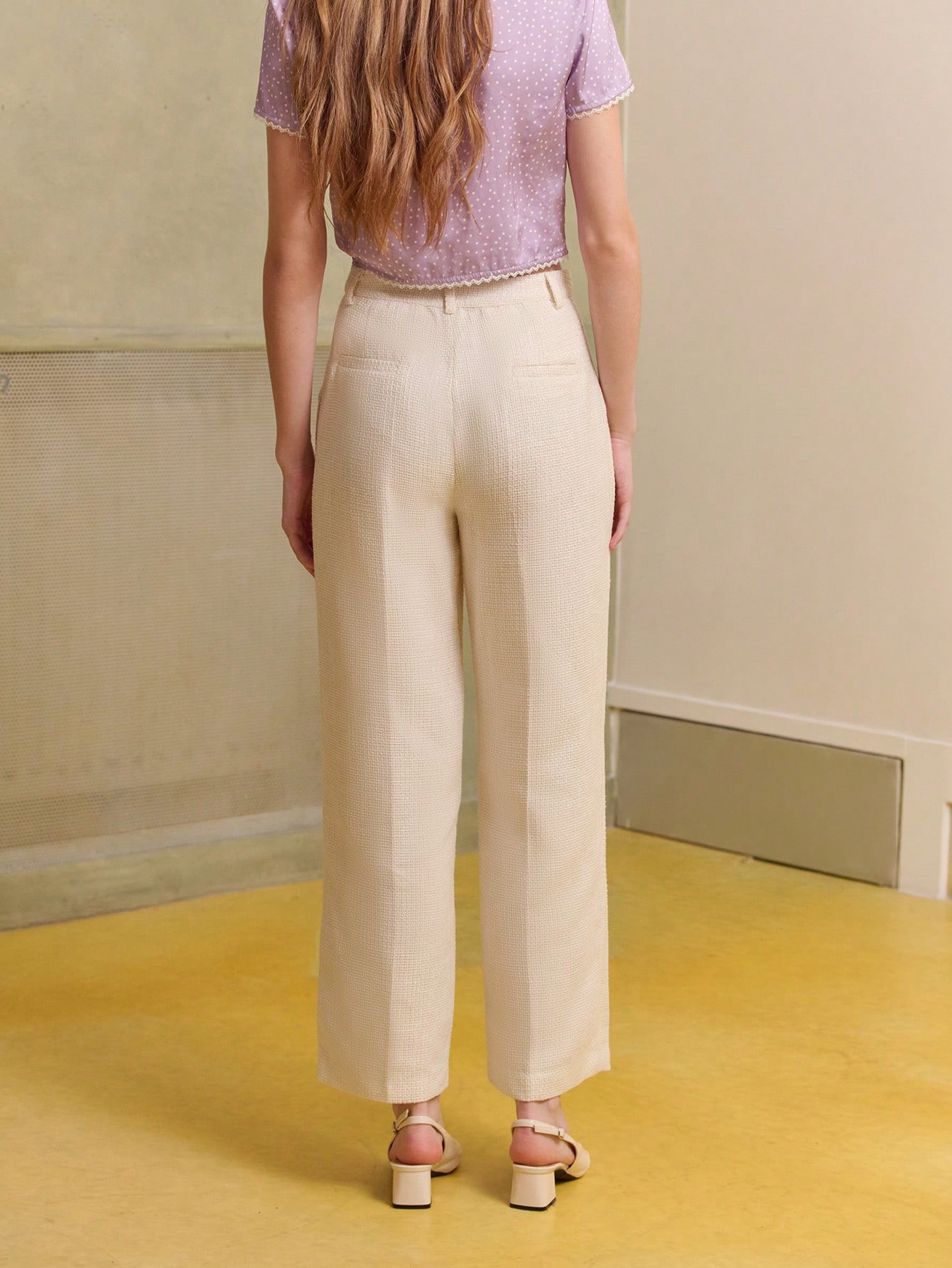 クリーム色 ハイウエスト ツイード 質感 パンツ オフィス 冬 パーティー クリスマス