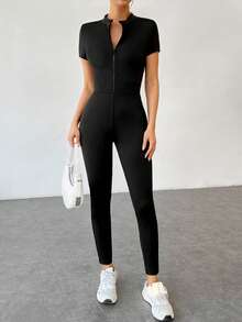 SHEIN EZwear 大码女式纯色立领拉链连体衣，休闲通勤短袖 - 黑與白 - 查看 3