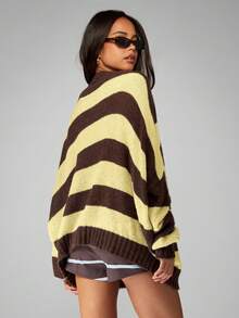 MISSGUIDED Cárdigan con botones delanteros oversize con cuello en V y rayas horizontales anchas para otoño e invierno - Amarillo - Ver 2
