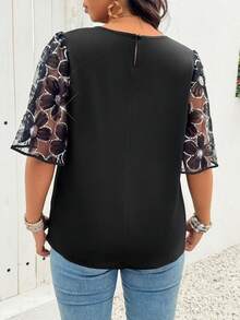 Elenzga 大码女式圆领花瓣袖简约优雅衬衫 - 黑色 - 查看 2