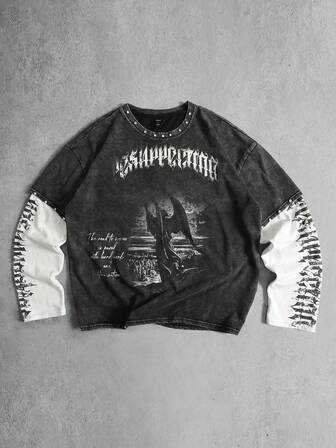 Men's Distressed Diamond Glitter Print Long Sleeve T-Shirt, Loose Fit