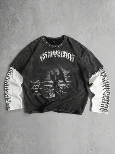 Herren Langarm T-Shirt mit abgenutztem Diamant Glitzer Muster, locker geschnitten