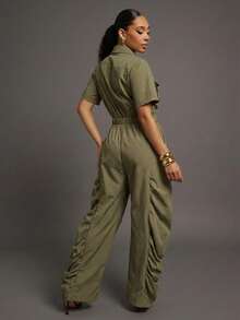 Vixey Ruched Wide Leg Drawcord Waist Woven Utility Jumpsuit - Green - View 3