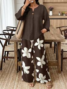 EMERY ROSE 2pcs Plus Size Women Casual Solid Color Long Sleeve Shirt And Floral Print Pants Set - Multicolor - View 1