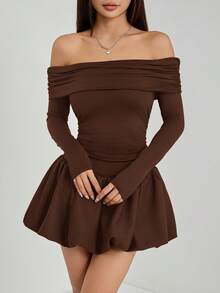 SHEIN PETITE Đầm ngắn tay dài lệch vai màu trơn có bèo nhún ở gấu dành cho nữ, thích hợp cho mùa hè, xuân và hè. - màu nâu - Xem 5
