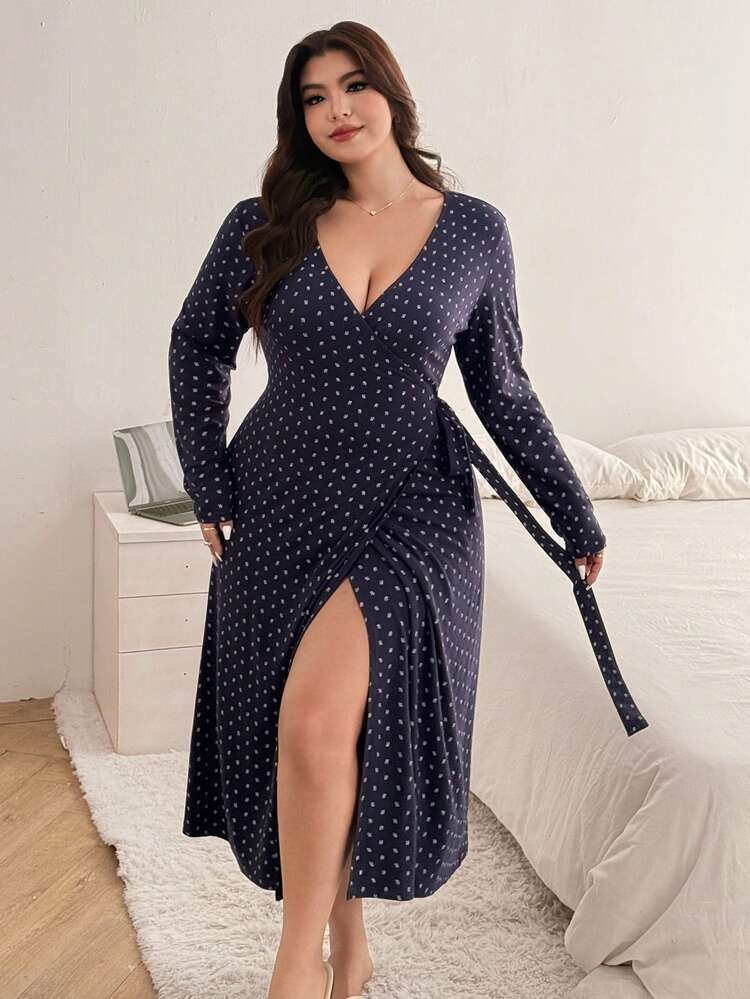 Dazy Plus Plus Size Women Polka Dot & Floral Print Elastic Fitted V-Neck Side Slit Long Nightgown