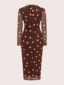Ellevyn Women's Pleated Printed Mesh Knit Dress Polkadot Dress Brown Polka Dot Dress Dinner Outfit For Women Polka Dot Dress - Brown - View 2