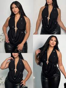 SHEIN Privé Áo kiểu cỡ lớn thanh lịch, gợi cảm, cổ xếp ly, chất liệu chun co giãn, trang trí khóa kim loại và xẻ tà bên hông, thích hợp cho tiệc tùng, đi biển, mùa xuân/hè/thu/đông. - màu đen - Xem 1