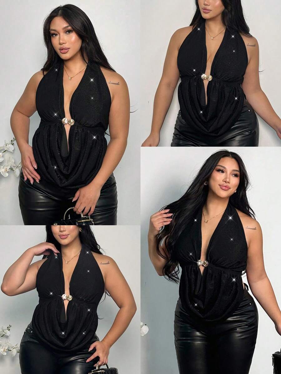 SHEIN Privé Áo kiểu cỡ lớn thanh lịch, gợi cảm, cổ xếp ly, chất liệu chun co giãn, trang trí khóa kim loại và xẻ tà bên hông, thích hợp cho tiệc tùng, đi biển, mùa xuân/hè/thu/đông. - màu đen - Xem 1