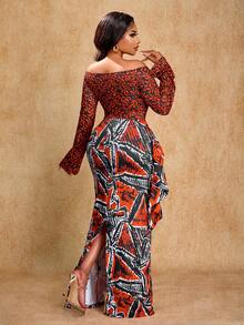 Brilight 女士优雅修身AB印花两件套，木质耳朵系于一侧肩部，适合派对、圣诞节等场合穿着。 - 紅色 - 查看 2