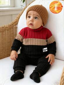 SHEIN Playful Pals 2pcs Baby Boy Colorblock Turtleneck Knit Sweater And Solid Black Pants Set, Fashion Casual Style Suitable For Daily Wear, School, Party, Weekend Getaway, Spring/Autumn - Multicolor - View 1