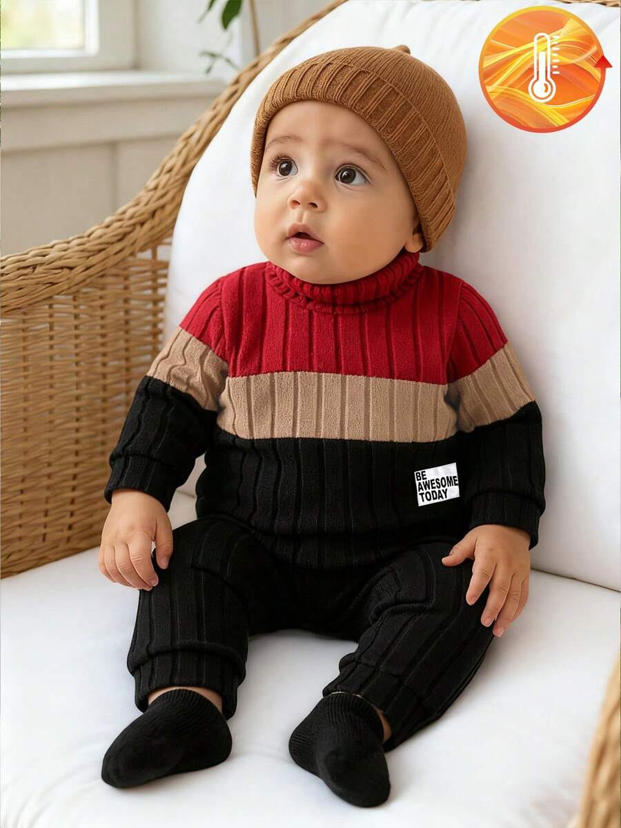 SHEIN Playful Pals 2pcs Baby Boy Colorblock Turtleneck Knit Sweater And Solid Black Pants Set, Fashion Casual Style Suitable For Daily Wear, School, Party, Weekend Getaway, Spring/Autumn - Multicolor - View 1