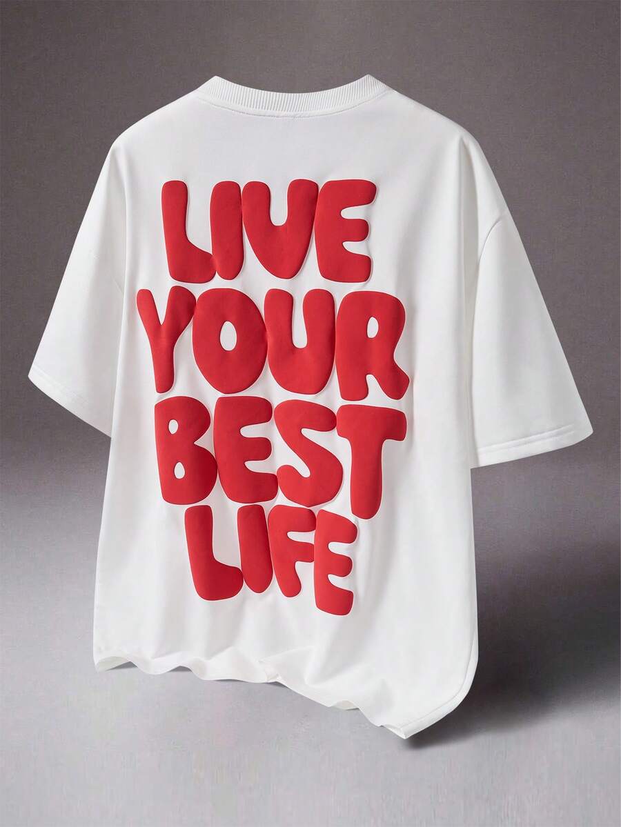 STYNVO Men's White And Red Slogan Graphic Drop Shoulder Tee,Summer Casual Round Neck Short Sleeve T-Shirt,Streetwear City Break Contrast Letter Print Tshirt - White - View 1