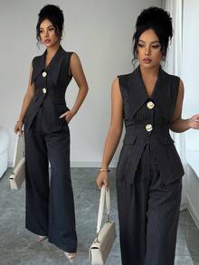 SHEIN Elenzya 优雅翻领黑白条纹金属纽扣装饰马甲外套+黑白条纹西装裤两件套女装 - 黑色 - 查看 1
