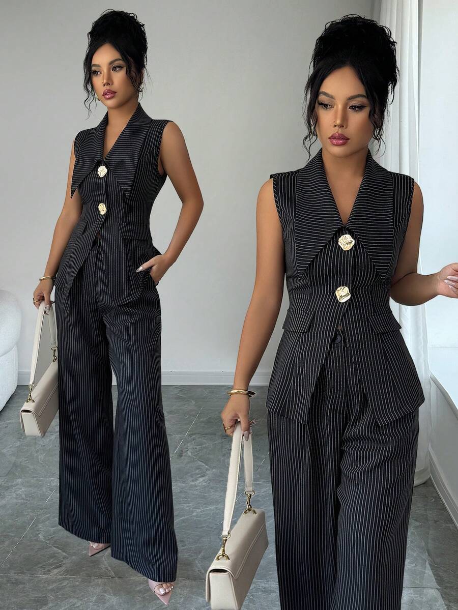 SHEIN Elenzya 优雅翻领黑白条纹金属纽扣装饰马甲外套+黑白条纹西装裤两件套女装 - 黑色 - 查看 1