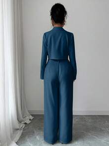 Elenzga 优雅休闲时尚办公通勤返校两件套，方领西装外套搭配宽松直筒裤，秋冬款 - 霧霾藍 - 查看 2
