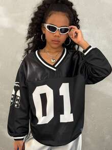 Coolane Kids 少女秋季新款服装，数字字母印花足球T恤，返校季穿搭，适合日常穿着 - 黑色 - 查看 2