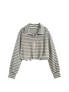 Airaco Nouveau Sweat-shirt-shirt femme style américain rétro à rayures, manches longues avec demi-zip. Style décontracté, ample et minimaliste avec cordon de serrage à l'ourlet. Top polyvalent convenant aux sorties quotidiennes, aux courses, à l'école. - Noir et Blanc - Voir 1