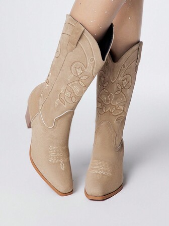 Fairycore Damen Cowboy Stiefel, khakifarbene Outdoor Lässig Mode Slip-On bestickte Wildleder-Optik Western Stiefel, Knöchelhoch, Frühling/Herbst