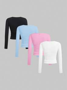 SHEIN EZwear 多色针织女式圆领长袖褶皱修身T恤多件装上衣长袖露脐上衣紧身衣女式长袖上衣夏季长袖上衣 - 彩色 - 查看 2