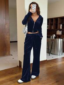 SHEIN EZwear Navy Blue Velvet Rhinestone Letter Hoodie & Pants Women Sports Suit Jogger Sets For Women Two Piece Set Women Comfy 2 Piece Lounge Sets Woman 2 Piece Casual Sets Woman Women S Lounge Set Blue 2 Piece Set Women - Royal Blue - View 3