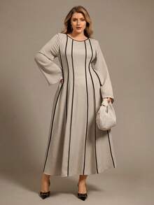 Auralis 大码秋季新款褶皱长袖A字长裙，卡其色连衣裙，春秋季女装，休闲女装 / 秋冬新款收腰撞色A字长袖连衣裙 / 松紧腰带收腰伞裙摆撞色春季大码连衣裙 / 宽松喇叭袖长袖 - 彩色 - 查看 2