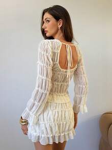 Conjunto de 2 piezas de blusa de manga larga de cuello redondo elegante y falda evasé de unicolor para mujer - Blanco - Ver 2