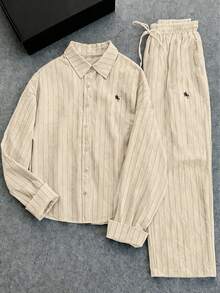 Franclia Women's Casual Striped Embroidered Sun Protection Shirt And Loose Pants 2 Pieces Set, Summer - Apricot - View 4