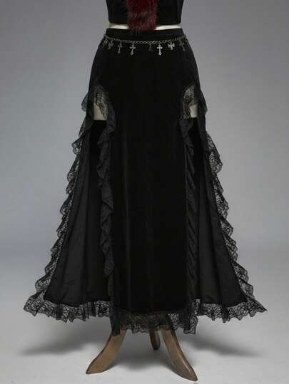 Goth Gonna lunga con spacco alto in pizzo e velluto, taglie comode, stile gotico