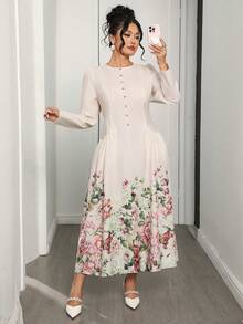 Modelyn 大码女式印花圆领泡泡袖口袋优雅连衣裙 - 彩色 - 查看 8