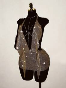 EgrlEra Petite Women's Rhinestone Fishnet Dress, Sparkling Rhinestone Embellished, Sexy Sheer Glittering, Suitable For Holiday Party Outfit - Gold - View 5