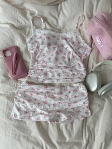 CovetEZ 2 件套女士碎花蕾丝褶皱吊带背心和短裤套装 - 淺粉色 - 查看 6