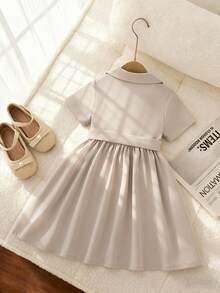 Girls' Solid Color Lapel Short Sleeve Tie Waist Dress - Grey - View 2