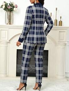 SHEIN Lady 格纹拼接黑色领女式西装外套和西裤，秋冬季日常工作聚会两件套 - 彩色 - 查看 2