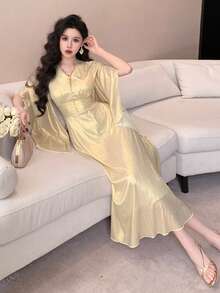 DAZY Women's Solid Color V-Neck Cape Sleeve Cinched Waist Dress Sundress - Gold - View 5