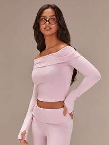 Athîral Blusa de punto de hombros descubiertos de manga larga en color rosa claro, elegante y suave, elástica, para usar en invierno, casual y elegante para fiestas, de tela de punto cómoda y suave, blusas rosas, looks para Año Nuevo, Navidad y San Valentín - Rosa - Ver 4