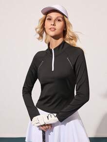 CourtClass 女士秋冬高尔夫运动卫衣，黑色紧身半拉链撞色立领，反光圆点印花，常规长度，适合日常休闲、跑步、瑜伽、健身、网球、高尔夫等运动。 - 黑色 - 查看 4