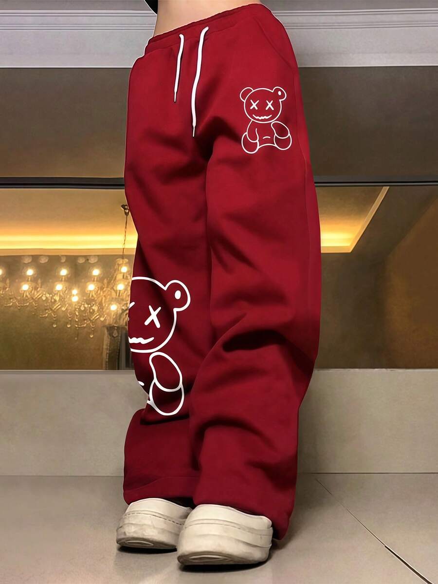 Manfinity Roghcode Loose Men's Cartoon Bear Printed Drawstring Waist Sweatpants - Burgundy - View 1