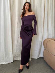 Aloruh 女士优雅露肩喇叭袖修身开衩鸡尾酒会礼服 - 紫色 - 查看 5