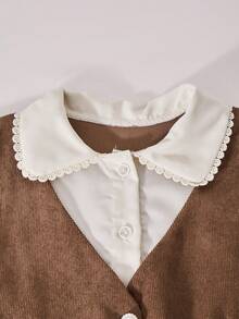 女童彩色拼接背心，荷叶边领口，优雅连体连衣裙，适合生日派对、日常穿着、春夏穿着 - 棕色 - 查看 3