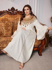 SHEIN Najma Robe longue élégante de style turc pour femmes grandes tailles, robe traditionnelle arabe de luxe - Nude - Voir 4