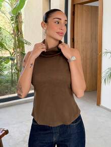 Mélanie ORL Women's Vest With Back Slits, Suede Fabric, High Collar, Brown And White, Women's Tops, Cute BOHO Tops Women High Neck Loose Casual Solid Color Tank Top Fall Tops Winter Tops Fall Clothes For Women Winter Clothes For Women Fall Outfits For Women Winter Outfits For Women Christmas Clothes Business Casual Woman Office Outfits For Women - Brown - View 4