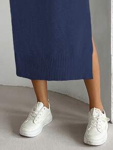 Elenzga Plus Size Women Solid Color Round Neck Casual Knitted Sweater Dress, Autumn/Winter - Blue - View 4